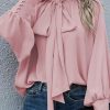 Pink Frilled Knotted Mock Neck Bishop Sleeve Blouse