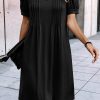 Black Notched Neck Pleated Puff Sleeve Shift T-shirt Dress