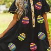 Black Glistening Easter Egg Sequin Trim Half Button Puff Sleeve Dress