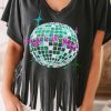 Black Sequined Disco Ball Fringed V Neck T Shirt