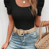 Black Waffle Knit Ruched Puff Sleeve Top