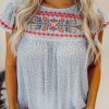 Sky Blue Boho Embroidered Floral Print Flutter Sleeve Blouse