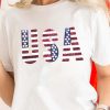 Casual Short Sleeve Tee With Sequined USA Letters And Flag Pattern