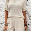 Beige Fringe Trim Textured Short Two Piece Set