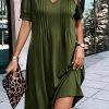 Fern Green Notched Neck Pleated Puff Sleeve Shift T-shirt Dress