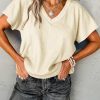 Apricot Crinkled V Neck Wide Sleeve T-shirt