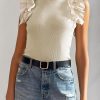 Beige Ruffle Flutter Sleeve High Neck Ribbed Blouse