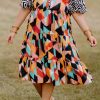 Pink Contrast Puff Sleeve Abstract Print Tiered Plus Size Dress