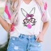 White Easter Rabbit Striped Sleeve Loose Tee