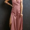 Rose Tan Satin Spaghetti Strap Surplice Split Wide Leg Jumpsuit