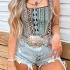 Green Western Geo Printed Square Neck Tank Top