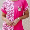 Rose Easter Rabbit Leopard Color Block Crewneck T Shirt