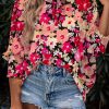 Rose Printed Frilled Neck Shirred Bracelet Sleeve Floral Blouse