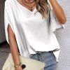 White Solid Color Satin V Neck Batwing Sleeve Blouse