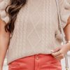 Oatmeal Plus Cable Knit Short Ruffled Sleeve Mock Neck Sweater