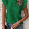 Dark Green Wavy Textured Mock Neck Cap Sleeve Top