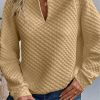 Khaki Split Neck Quilted Long Sleeve Top