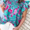 Green Floral Ruffled Flutter Sleeve Ruched Blouse