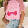 Pink Bow Heart Shape Cherry Print Dotted Mesh Sleeve T Shirt