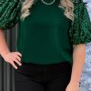 Blackish Green Plus Size Sequin Short Puff Sleeve Top