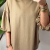 Light French Beige Solid Color Lantern Sleeve Drop Shoulder Blouse