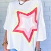 White Colorblock Star Patched Half Sleeve Oversized Tee