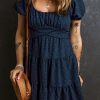 Navy Blue Swiss Dot Jacquard Puff Sleeve Crossover Tied Tiered Dress