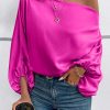 Bright Pink Asymmetrical Neck Balloon Sleeve Satin Blouse