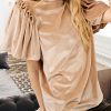 Light French Beige Frilly Puff Sleeve Mock Neck Blouse