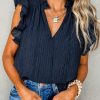 Navy Blue V Neck Flutter Sleeve Textured Blouse