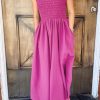 Rose Red Solid Color Ruffled Straps Smocked Ruched Maxi Dress