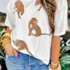 White Leopard Print Drop Shoulder Casual T Shirt