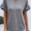 Medium Grey Tiered Ruffle Sleeve Crew Neck Drop Shoulder Top