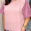 Pink Contrast Sequin Bubble Sleeve Plus Size T-shirt