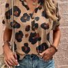 Light French Beige Leopard Folded Short Sleeve Buttoned V Neck Blouse