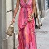 Pink Western Printed Tassel Tie V Neck Wrap Maxi Dress