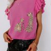 Pink Leopard Ruffled Sleeve Round Neck Knit Sweater