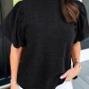 Black Solid Textured Puff Sleeve Mock Neck Blouse