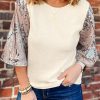 Stylish White Half Sleeve Blouse With Round Neck And Sequin Details