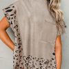 Smoke Gray Leopard Trim High Neck Short Sleeve Loose Sweater