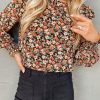 Orange Ruffle Trim Shirred Cuffs Floral Blouse