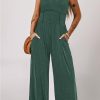 Blackish Green Cinched Waist Sleeveless Wide Leg Jumpsuit