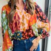 Orange Leopard Patchwork Print Pleated Blouse