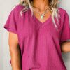 Bright Pink Textured V Neck Bubble Hem Plus Top