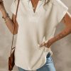 Apricot Textured V Neck Collared Short Sleeve Top