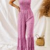 Phalaenopsis Thin Straps Smocked Bodice Wide Leg Floral Jumpsuit