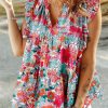 Rose Red Floral Print Drawstring V Neck Ruffled Tank Top