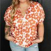 Orange Plus Size Floral Print Drawstring V Neck Short Sleeve Blouse