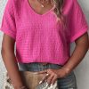 Bright Pink Plus Size Textured Folded Sleeve V Neck T Shirt