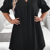 Black Solid Ruffled Puff Sleeve V Neck Plus Size Mini Dress